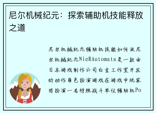 尼尔机械纪元：探索辅助机技能释放之道